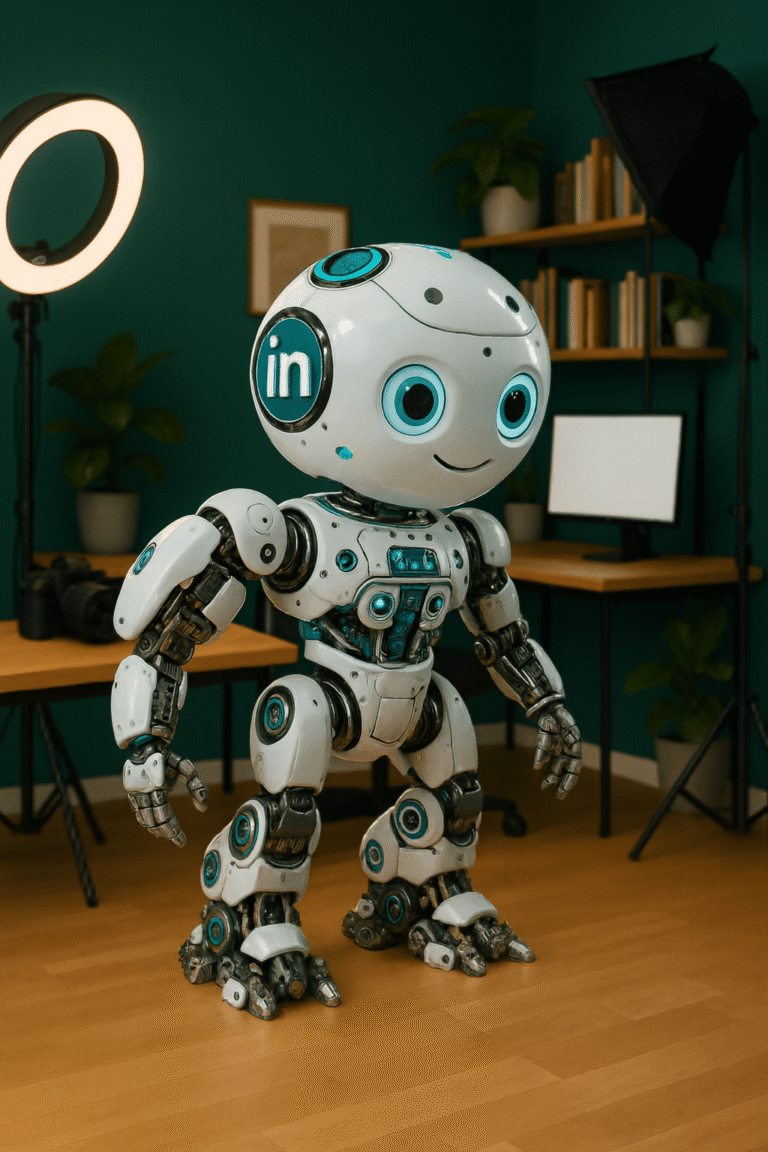 Cute white LinkedIn-themed robot standing in an office studio with lighting equipment