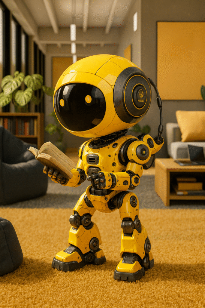 Yellow Reading Robot – Friendly AI Character Holding a Book