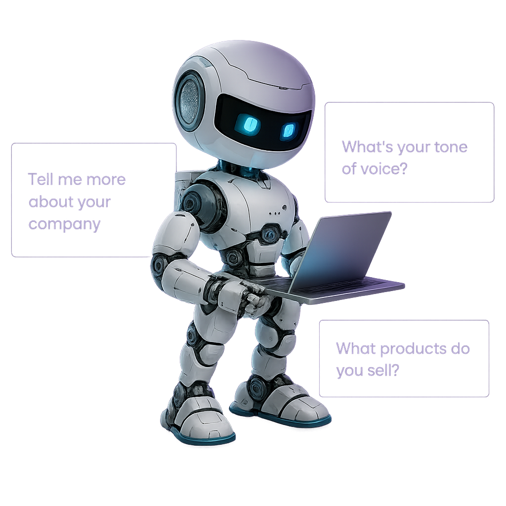 AI robot holding a laptop and asking onboarding questions about tone of voice and company details
