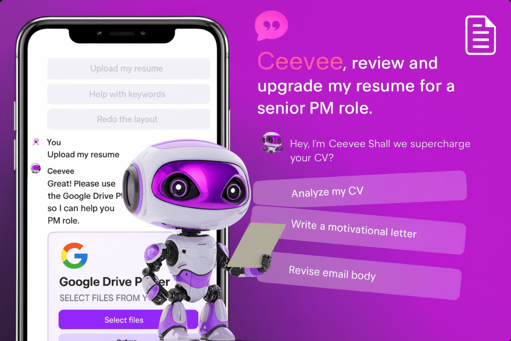 Purple 3D robot Ceevee reviewing and upgrading a resume alongside smartphone interface with CV improvement options