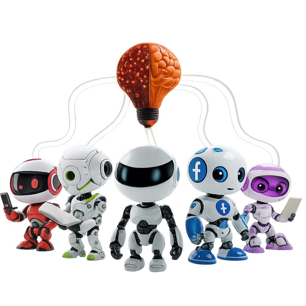 Group of 3D AI robots connected to a glowing orange brain-shaped lightbulb on a transparent background