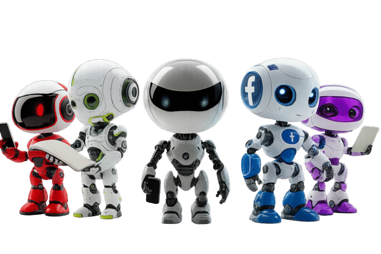 Group of colorful 3D AI robots standing together on a transparent background