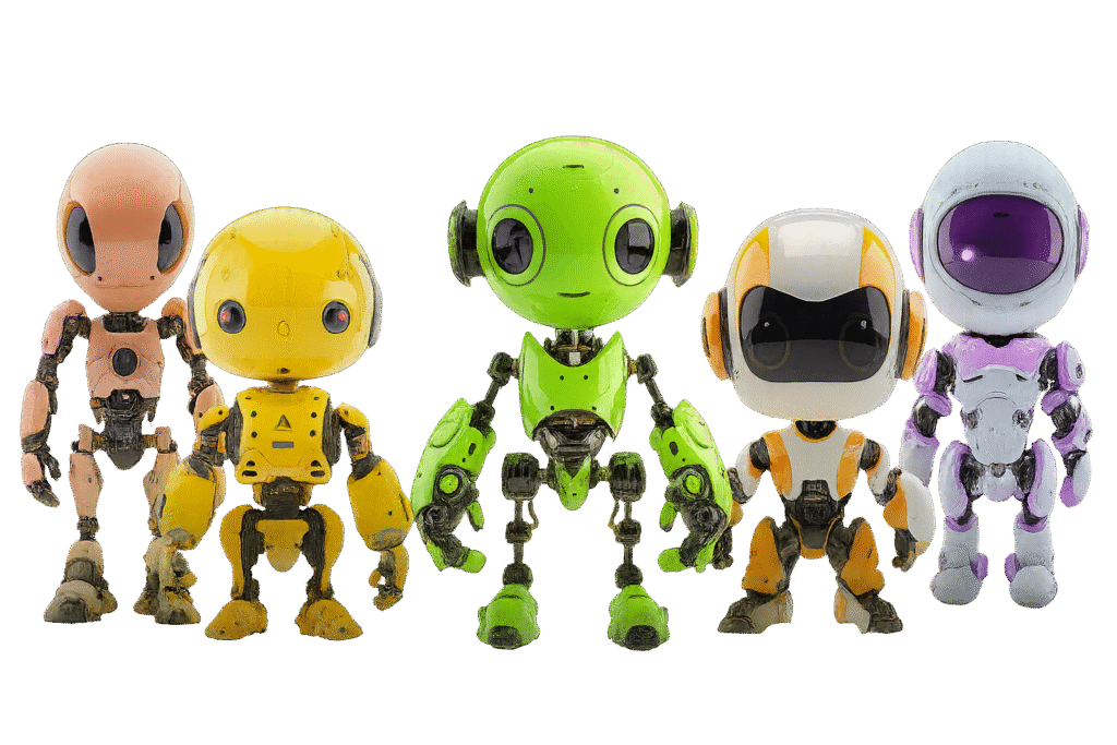 Five colorful futuristic robots standing together on transparent background