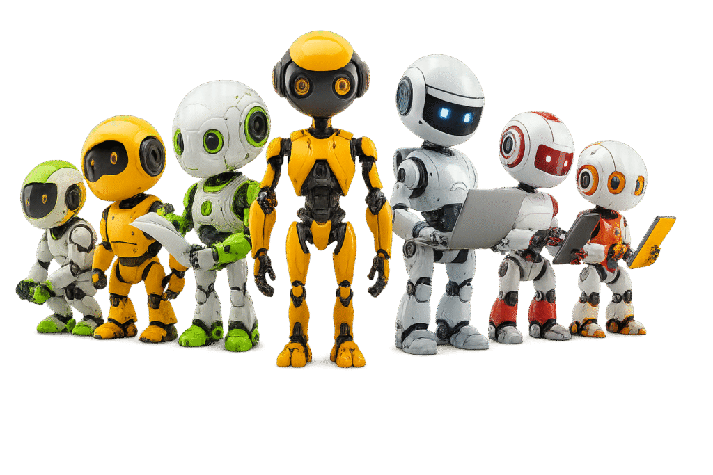 Group of colorful futuristic robots standing together on transparent background