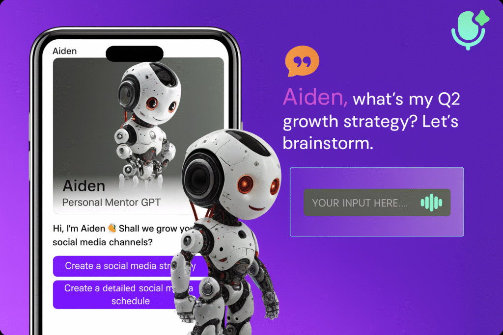 Aiden 3D AI mentor robot helping create a Q2 growth strategy on a smartphone interface