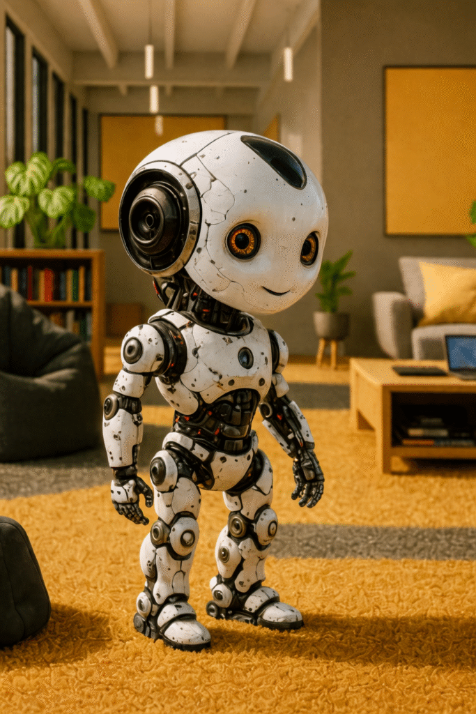 Friendly white robot greeting with a speech bubble saying “Hello!” inside a cozy modern living room.